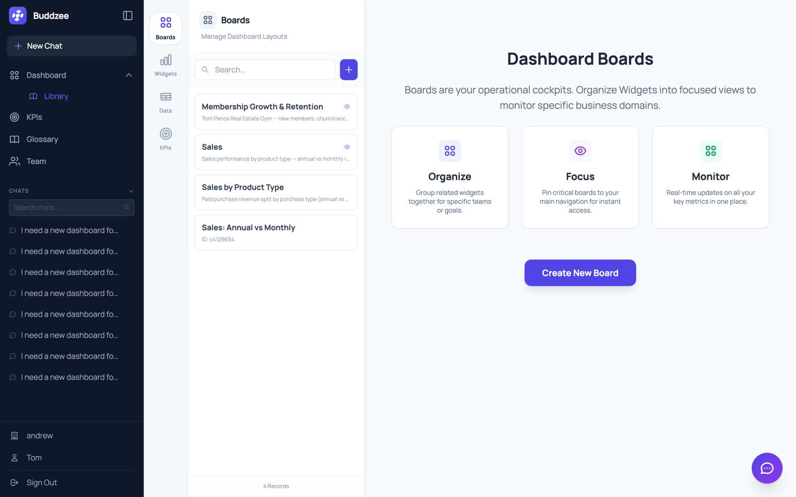 The Buddzee library listing connected data sources