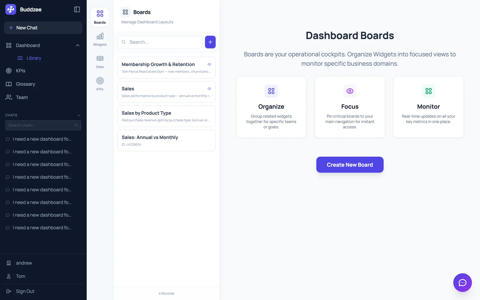 The Buddzee library listing connected data sources